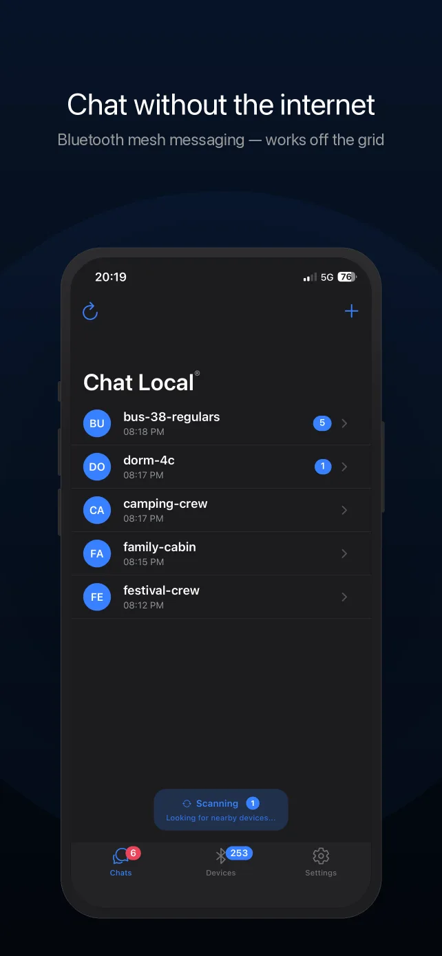 Conversation list with unread badges while scanning for nearby devices