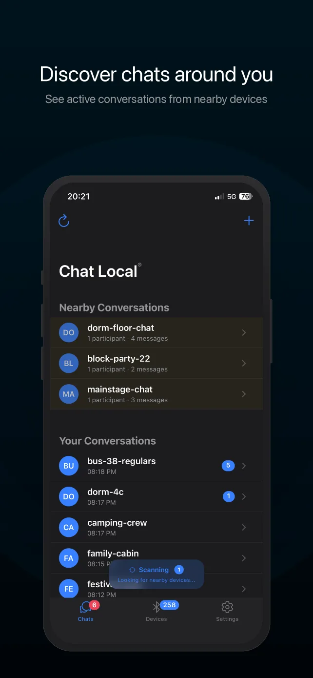 Nearby conversation discovery showing active chats around you